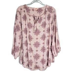 EVRI Womens Top Plus Size 3X Pink Paisley Print Tie Neck Long Sleeve Rayon
